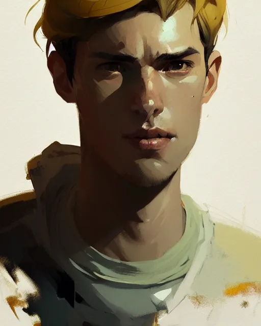 Image similar to hyper - realistic portrait of noble young man by atey ghailan, by greg rutkowski, by greg tocchini, by james gilleard, by joe fenton, by kaethe butcher, dynamic lighting, gradient light yellow, brown, blonde cream and white color scheme, grunge aesthetic