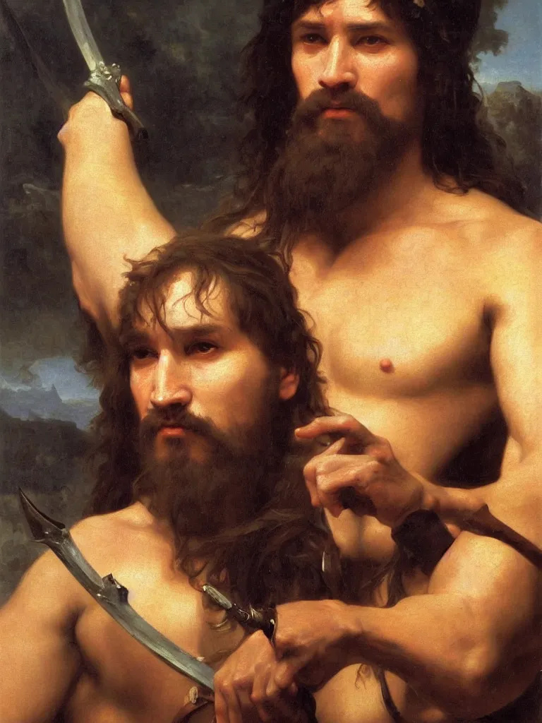 Image similar to a portrait of Conan the barbarian, oil painting by william bouguereau, hd, sharp focus,