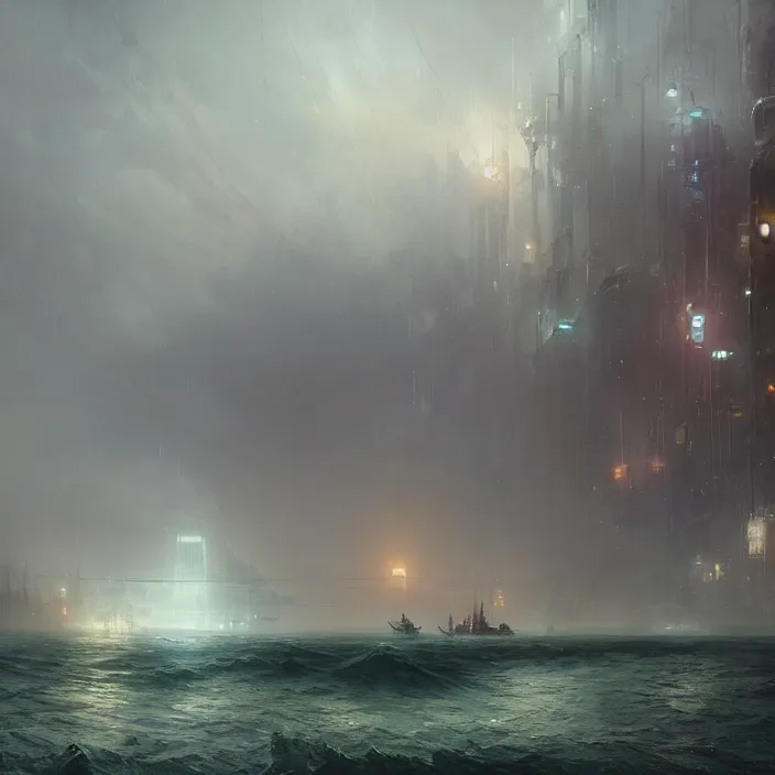 Image similar to a beautiful painting of a cyberpunk city on the sea by ivan aivazovsky and greg rutkowski and james gurney and frank lloyd and sung choi, in style of digital art illustration. hyper detailed, sharp focus, soft light. unreal engine 5 lumen. ray tracing. trending on artstation.