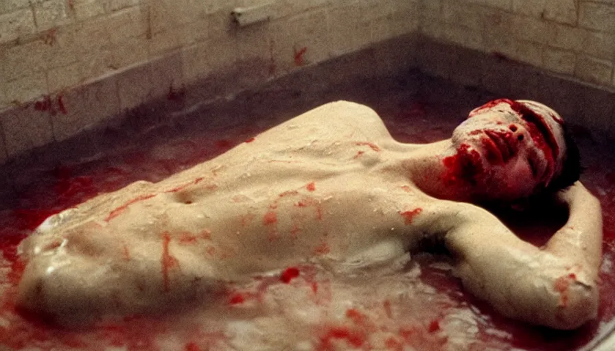 Image similar to movie still of marat wounded at the chest, in a bath flooded with blood, cinestill 8 0 0 t 3 5 mm, high quality, heavy grain, high detail, cinematic composition, dramatic light, anamorphic, ultra wide lens, hyperrealistic, by josef sudek