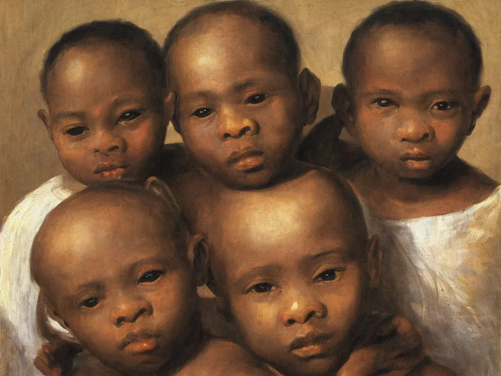 Image similar to Gentle portrait of African Siamese twins. Painting by Velasquez