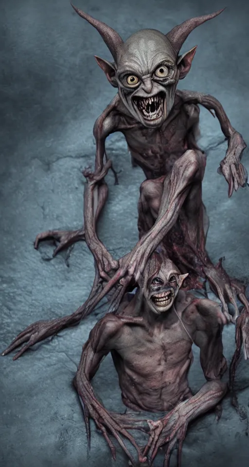 Image similar to photo of demon gollum, fullbody portrait, detailed, sony a 7 r, photorealistic