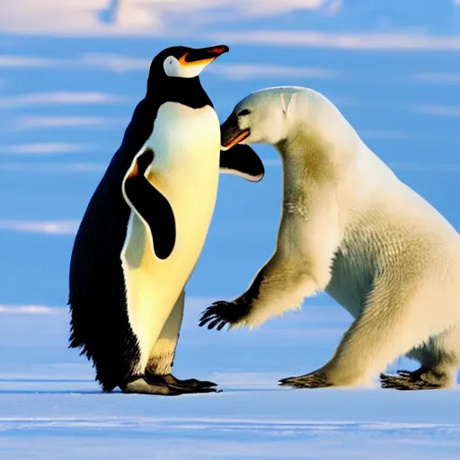 Prompt: a penguin fighting a polar bear