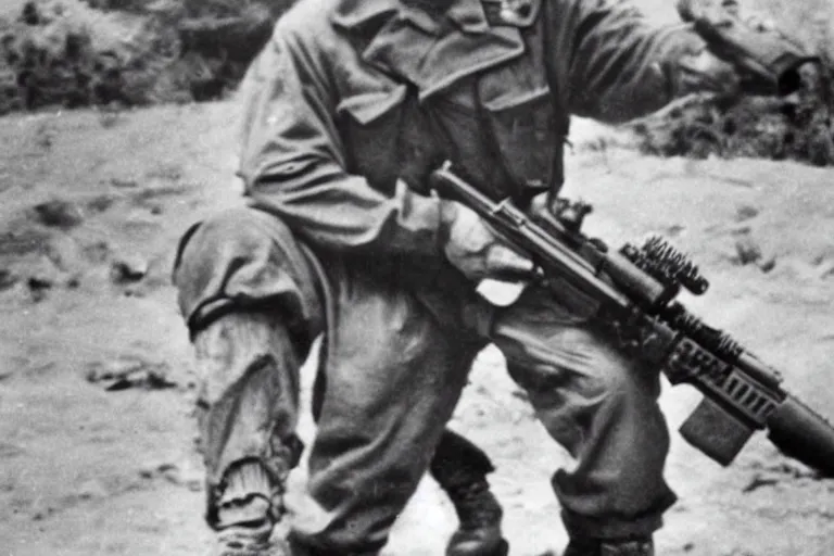 Image similar to Lionel Messi standing with a gun in world war 2, vintage photograph