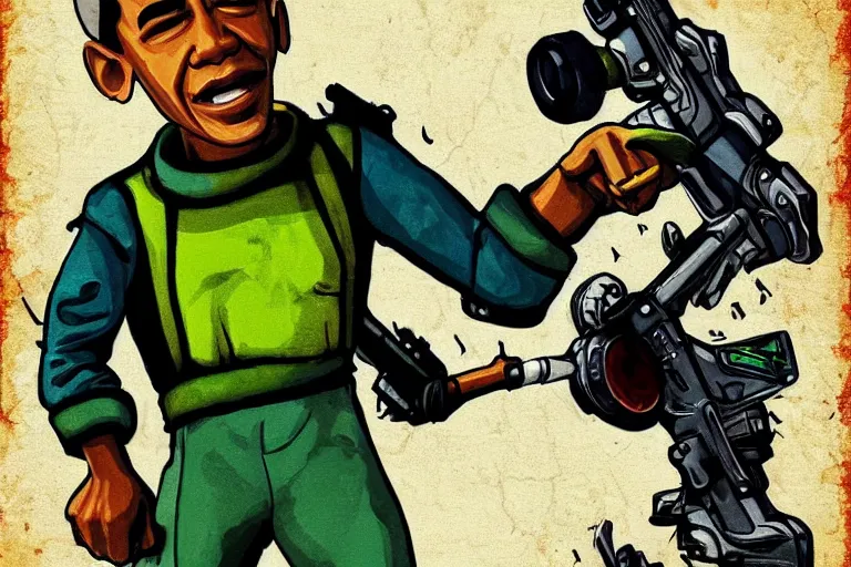 Prompt: obama as a vault boy from fallout, pipboy art, highly detailed