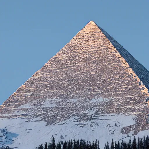 Prompt: a monolithic pyramid in a taiga next to a snowcapped mountain.