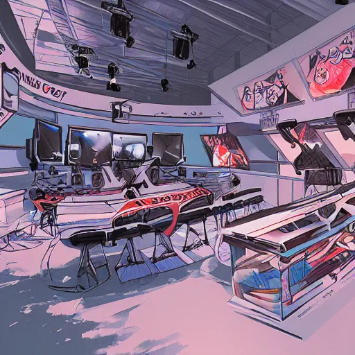 Image similar to sports news studio, concept art, wide lens, cinematic composition, iterior, detail by james jean