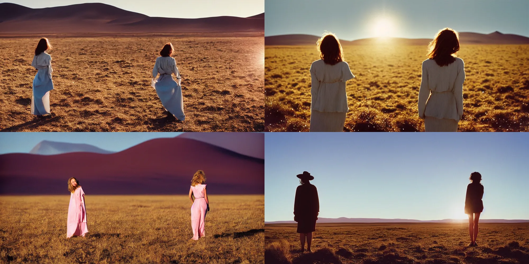 Prompt: photograph of a beautiful!!! woman! from the back standing in atacama desert field by mark owen. scotland mood. pastel colors. kodak portra 4 0 0 film!!. whirl bokeh!. mamiya 7. highly detailed. hq. photoreal. golden hour. lens flare. faded film. in - frame