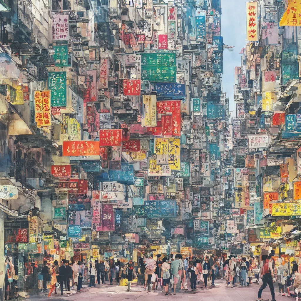 Prompt: a beautiful painting of hong kong street scene, in the style of hayao miyazaki