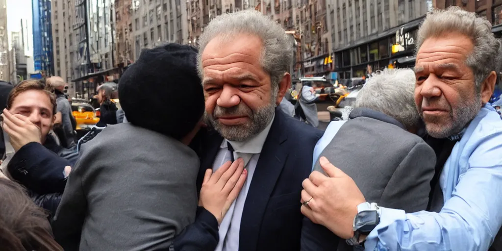 Image similar to Alan Sugar offering free hugs to people in the street, NYC, kindness