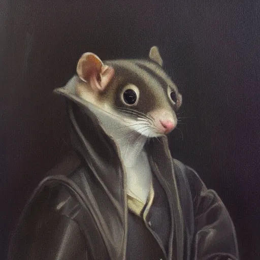 Image similar to sugarglider in a suit 1 5 9 5, a dnd fantasy, chiaroscuro medieval sugarglider, devilish lighting, sugarglider animal perfect epic painting. official portrait, dnd character painting by gibbs - coolidge. oil on canvas, wet - on - wet technique, underpainting, grisaille, chiaroscuro realistic. restored face.