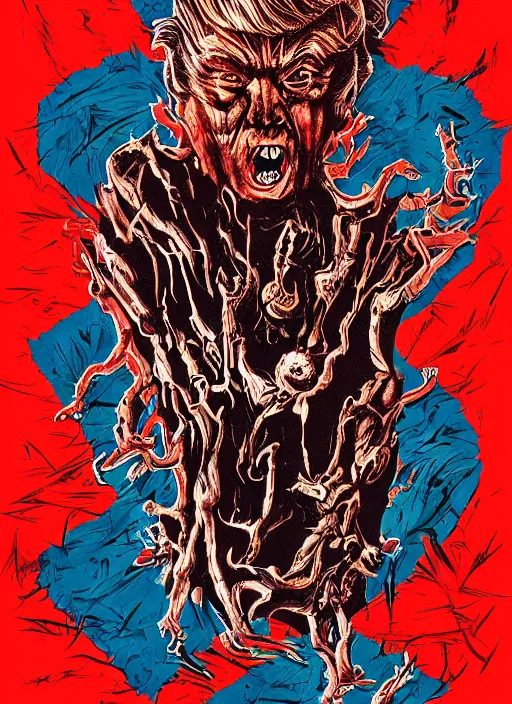 Image similar to Donald Trump's disgusting true form on a 1990s horror movie poster, inking, vintage 90s print, detailed, scary, horror, screen print, bright colors, trending on artstation