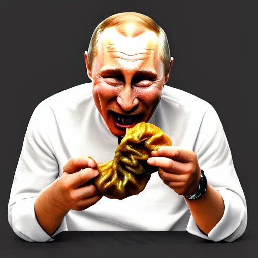 Prompt: happy putin eats dumplings, concept art, trending on artstation, highly detailed, intricate, sharp focus, digital art, 8 k