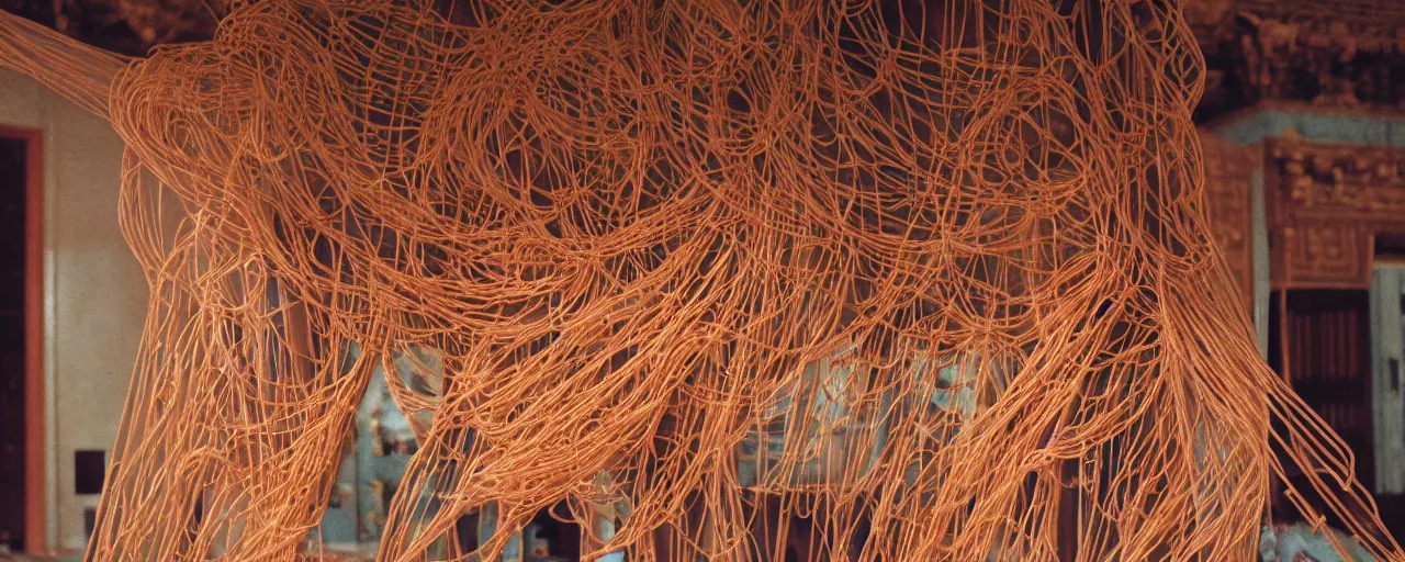 Image similar to spaghetti sculpture inside a buddhist temple, hyper - realistic, small details, intricate, canon 5 0 mm, wes anderson film, kodachrome