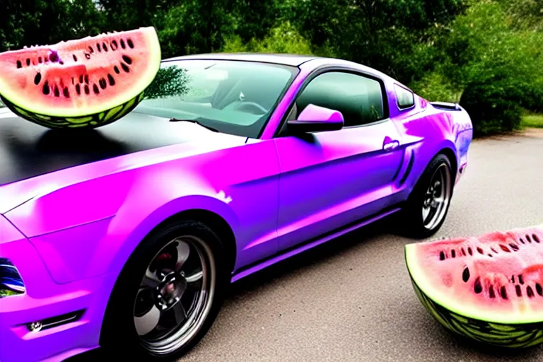 Prompt: purple mustang covered in liquid watermelons