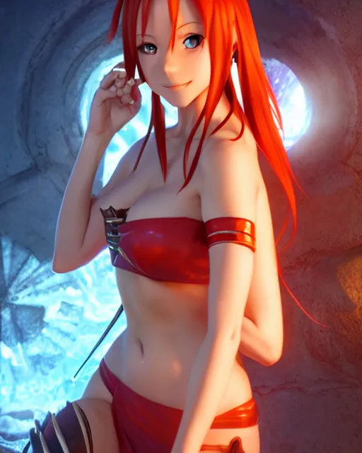 Image similar to pinup photo of asuna from sao in flame dungeon, asuna by a - 1 pictures, by greg rutkowski, gil elvgren, enoch bolles, glossy skin, pearlescent, anime, very coherent, maxim magazine, 3 d, vray, unreal 5, octave rendey, maya