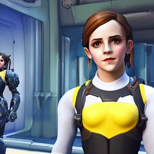 Prompt: full body Emma Watson screenshot from overwatch play of the game