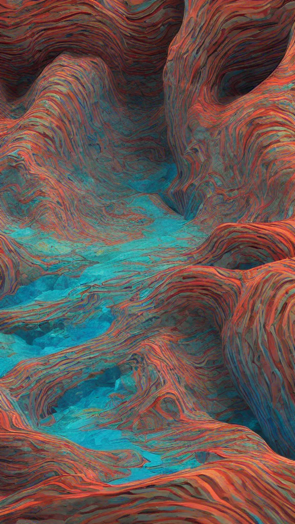 Image similar to vivid color, sedimentary schematic, organic swirling igneous rock, architectural drawing with layers of strata by James jean, geology, octane render in the style of Luis García Mozos