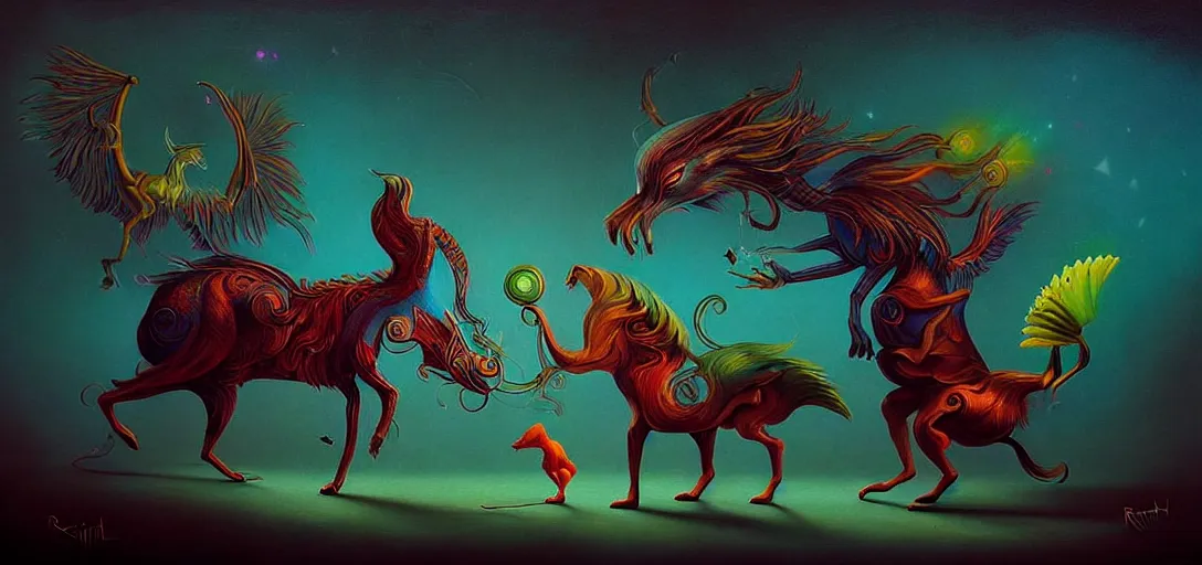 Image similar to strange mythical beasts of whimsy, surreal dark uncanny painting by ronny khalil