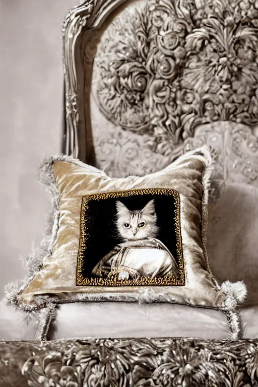 Prompt: a silver gelatin photo portrait of a royal cat, editorial photo from cat lovers magazine, outrageously fluffy, on an embroidered velvet cushion on a neo - rococo gilded little bed, photography, wide shot