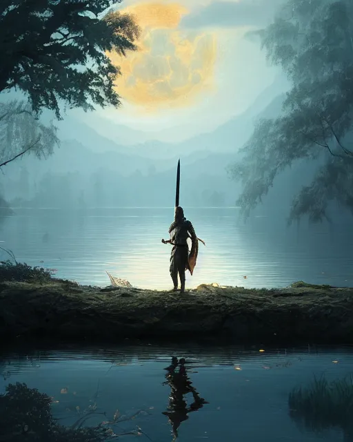 Image similar to ancient sword in the middle of a lake under a giant full moon, rippling reflections, trees and falling leaves, art by Raymond Swaziland and Greg Rutkowski, D&D, high fantasy, romantic, highly detailed, digital painting, trending on artstation, concept art, golden ratio, sharp focus, illustration, masterpiece, stunning