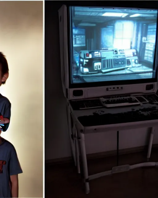 Image similar to 8k professional photo of an 8 years old enlightened and scared boy standing in front of an old computer from 90s with a game doom2 at the monitor screen, still from a 2021 movie by Alfonso Cuaron and James Cameron