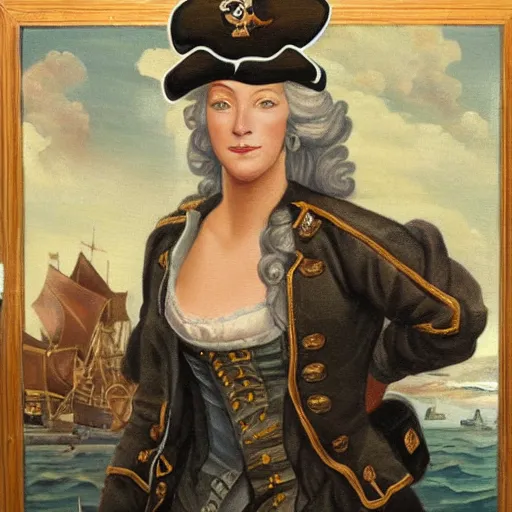 Prompt: a beautiful, friendly, calm, blonde, well - dressed, steampunk, covered, armed, pirate captain, standing on the deck of her ship gazing at the horizon in 1 7 3 0, detailed award - winning time - less painting