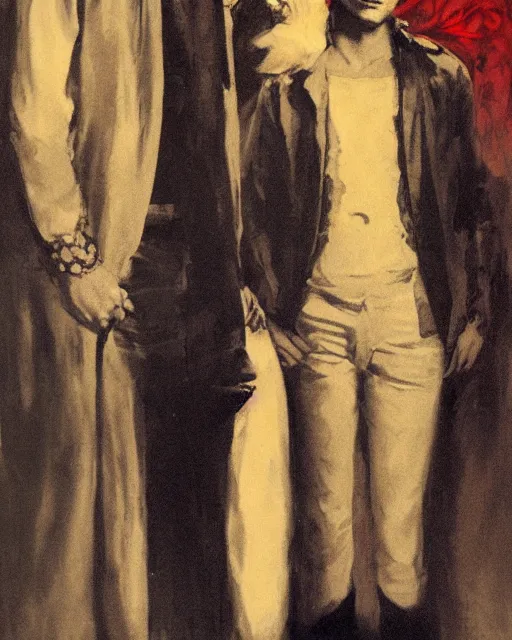 Prompt: two beautiful but sinister young men wearing oxford shirts in layers of fear, with haunted eyes and dark hair, 1 9 7 0 s, seventies, wallpaper, a lot of blood, moonlight showing injuries, delicate embellishments, painterly, offset printing technique, by brom, robert henri, walter popp