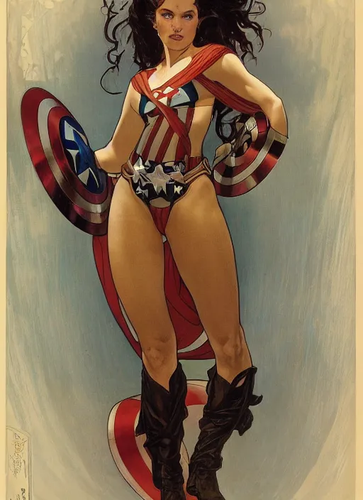 Prompt: slim young woman with a mischievous face and long aubrun wavy hair dressed as superhero in her early twenties, posing with arms tucked behind back, captain america, tight fit, curvaceous, intricate detailed face, amply proportioned, shiny, greg rutkowski, alphonse mucha