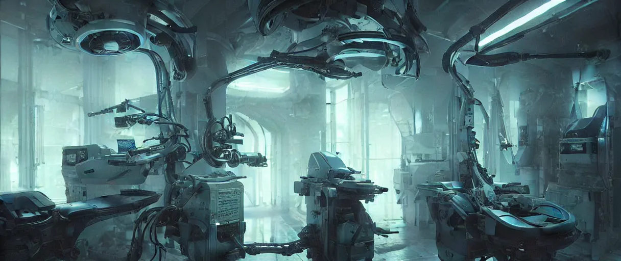 Image similar to neon surgery scanning machine cyberpunk futuristic, in a white room, art by giger, greg rutkowski