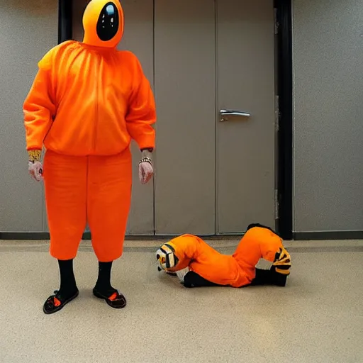 Image similar to inmate with orange suit and bee head