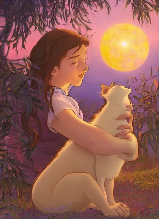 Prompt: well - lit art nouveau portrait of a 1 3 - year old girl playing with a kitten at sunset, natural lighting, path traced, highly detailed, high quality, cartoon, digital painting, by don bluth and ross tran and studio ghibli