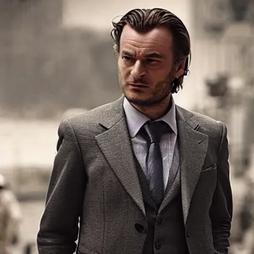 Image similar to kurdish capitalist wearing a suit, dressed smart, in a movie directed by christopher nolan, movie still frame, promotional image, imax 7 0 mm footage