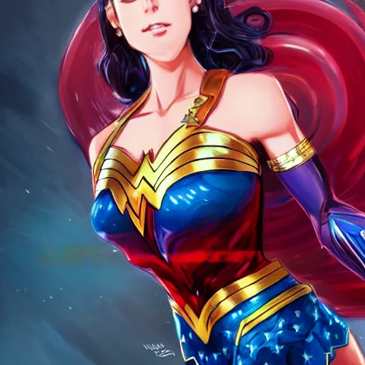 Prompt: A potrait of realistic anime wonder woman, digital painting, by WLOP and Rossdraws, digital painting, trending on ArtStation, deviantart