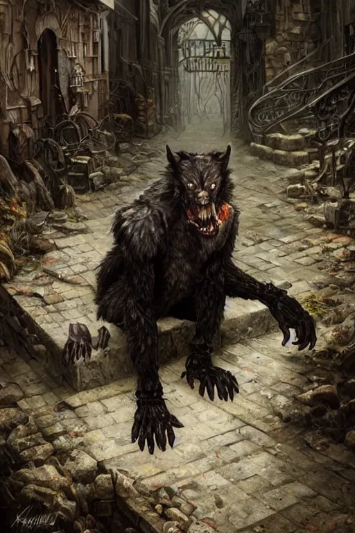 Image similar to a werewolf crouching in an alley, gothic, torn leather coat, intricate, elegant, dramatic lighting, ugly face, highly detailed, lifelike, photorealistic, digital painting, artstation, illustration, concept art, smooth, sharp focus, art by John Collier and Albert Aublet and Krenz Cushart and Artem Demura and Alphonse Mucha