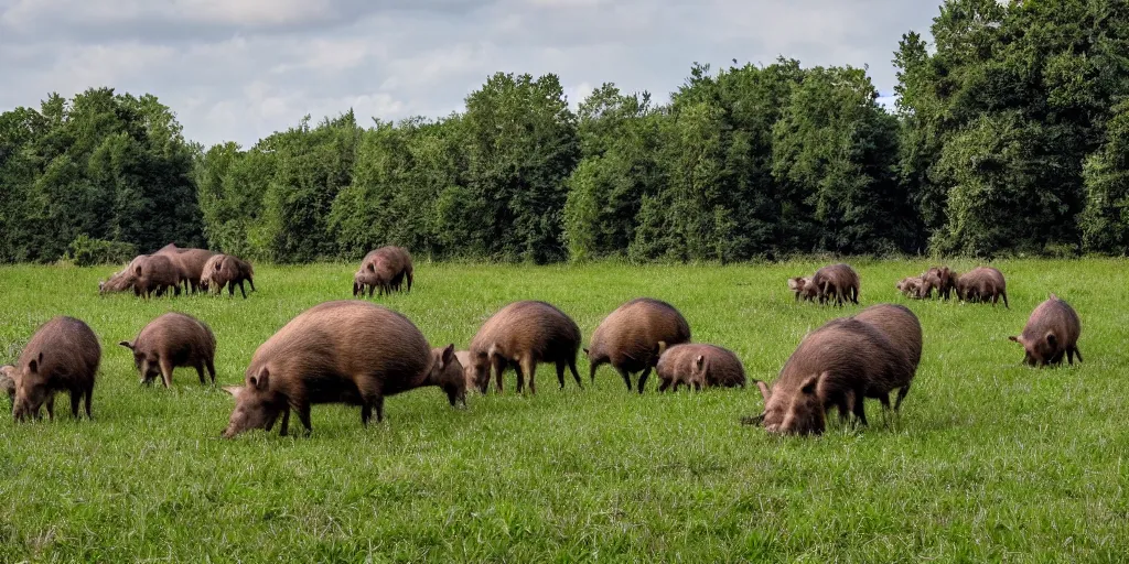 Image similar to a trap camera photo of a big group of wild boars in a field, real, photography