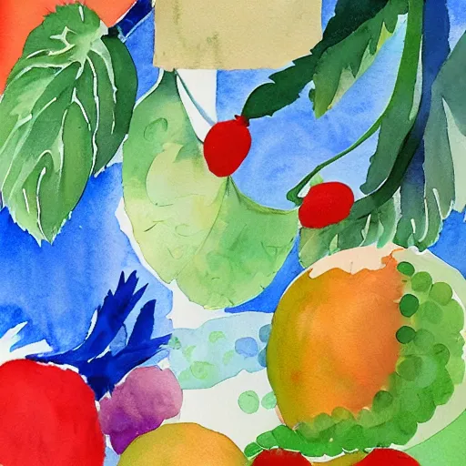 Image similar to watercolor and collage by eric carle, of a man thinking about fruit, peaceful mood, movie poster