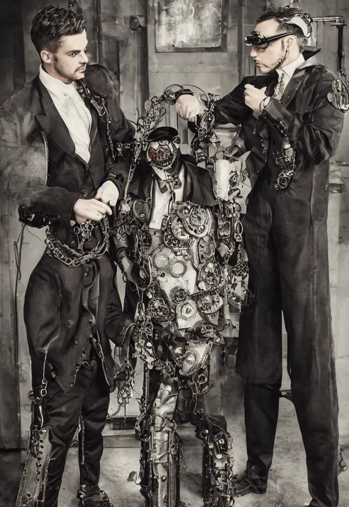 Prompt: two handsome men looking each other with steampunk suit photographed by bruce labruce