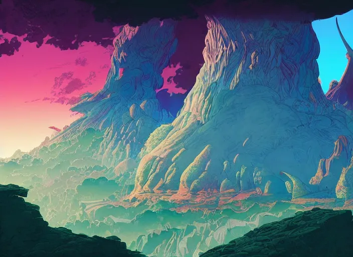 Image similar to psychedelic art of a prehistoric landscape with dinosaurs and volcanoes, detailed, cel shaded, by makoto shinkai and moebius and anton fadeev and james gurney