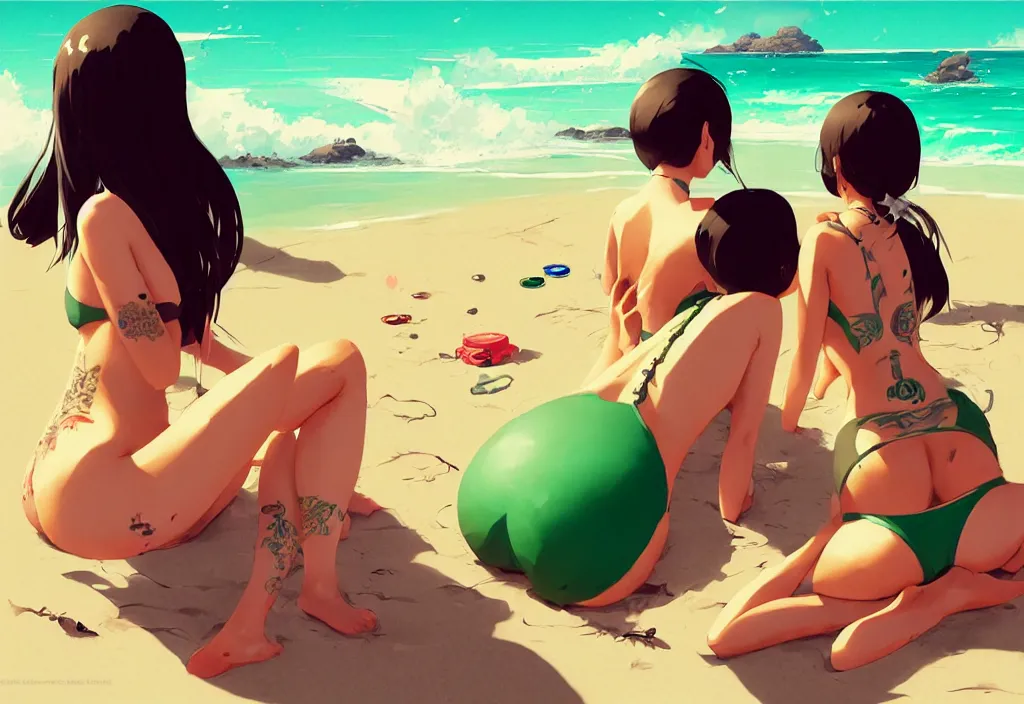 Image similar to two cute asian girls sitting on a beach in bikinis covered with yakuza tattoos, fantasy, by atey ghailan, by greg rutkowski, by greg tocchini, by james gilleard, by joe gb fenton, by kaethe butcher, dynamic lighting, gradient light green, brown, blonde cream and white color in scheme, grunge aesthetic