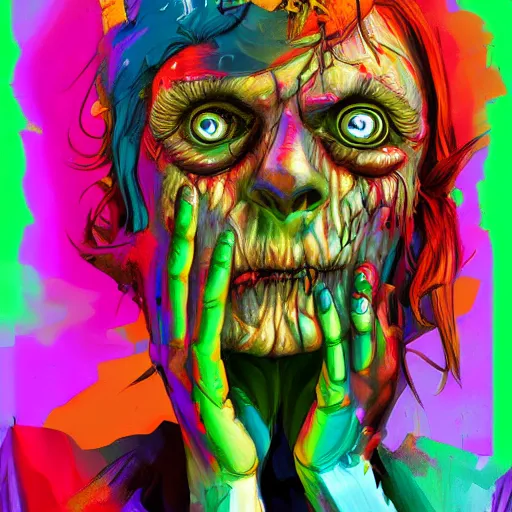 Prompt: confused artist as a zombie, vibrant colors, glitch, character concept art, weta digital