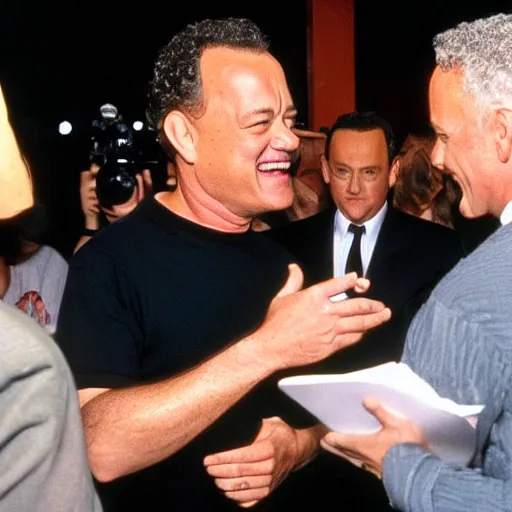 Prompt: tom hanks having a friendly conversation with tom hanks, candid photography