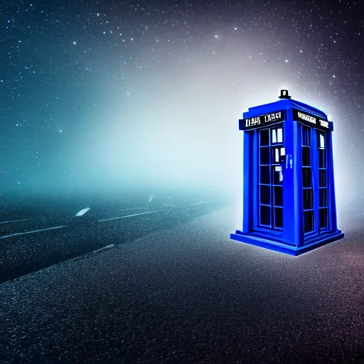 Image similar to a hyperdetailed photograph of the tardis sat on a futuristic street corner, night, dense fog, rain, hd, 8 k resolution