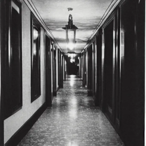 Image similar to “long hallway in a hotel at night, 1900’s photo”