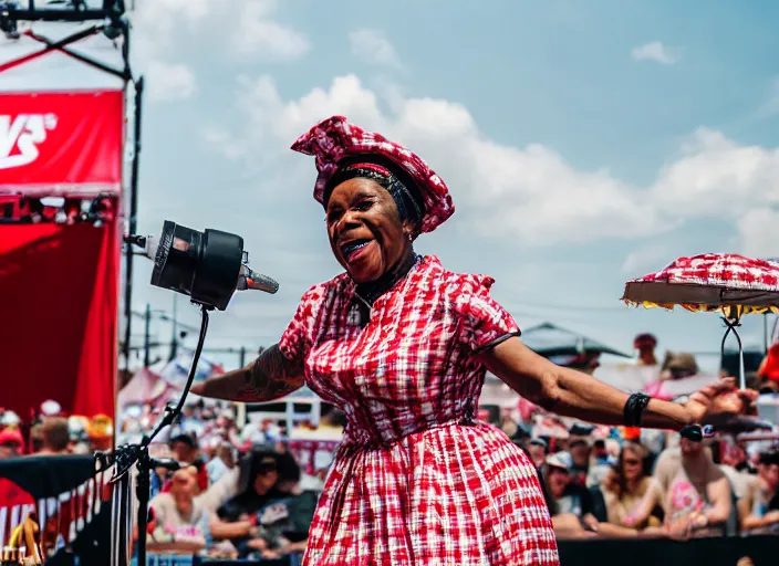 Prompt: photo still of aunt jemima in period attire at vans warped tour!!!!!!!! at age 4 0 years old 4 0 years of age!!!!!!! on stage throwing pancakes to the crowd, 8 k, 8 5 mm f 1. 8, studio lighting, rim light, right side key light