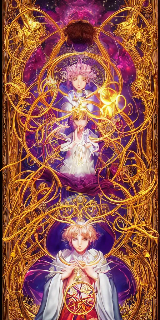 Image similar to clow card style astrologer's prayer, mythology, hidetaka miyazaki, unreal engine 5, art nouveau, vivid colors, intense colors, deep shadows, intricate, symmetry, high detail, elegance, sunlit, clear focus, art of mel milton, art workstation