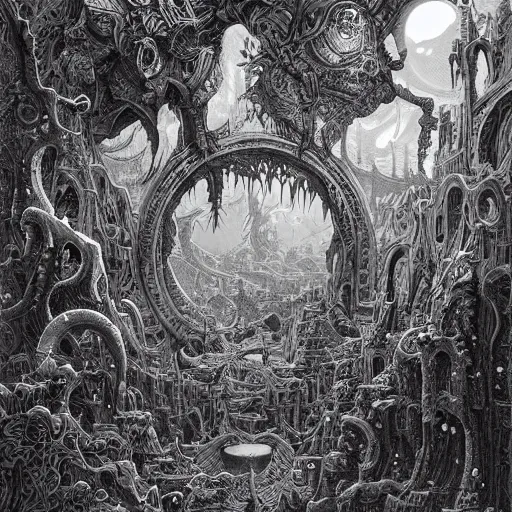 Image similar to impressive fantasy landscape, beautiful line art, pure b & w, etching illustration, square sticker, by joe fenton and greg rutkowski