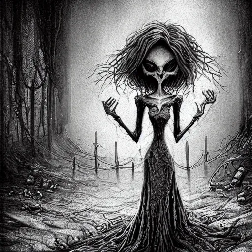 Image similar to grunge cartoon drawing of the end of the world by - michael karcz , in the style of corpse bride, horror themed, detailed, elegant, intricate