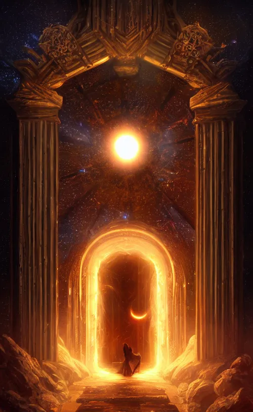 Image similar to a ornamental gate into stars a demon emerges from it, ornament, intarsia, portal, doorway, dynamic lighting, ambient lighting, atmospherical, photorealistic fantasy concept art, trending on art station, stunning visuals, creative, cinematic, ultra detailed