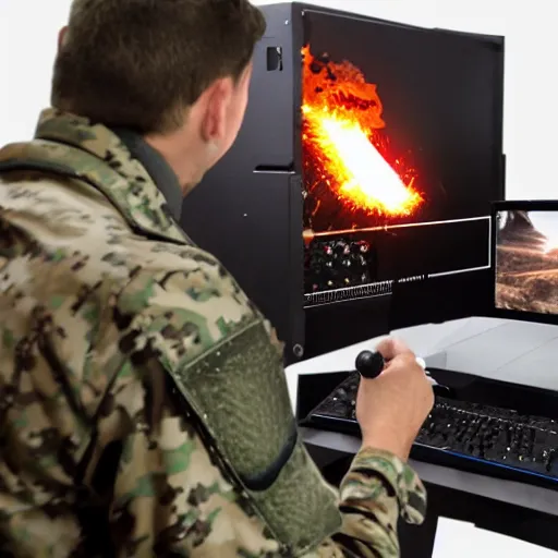 Image similar to angry man in juggernaut armor burning a desktop tower pc with a military flamethrower